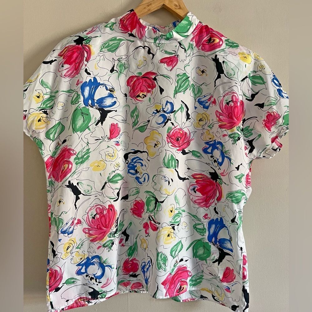 Vintage Oraré Floral Blouse Large 80s Art Print Mock Neck Top USA